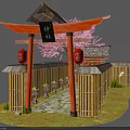 Traditional Japanese Bamboo Architecture Featuring Torii Gate Red Lanterns And Cherry Blossom Tree