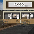 Modern Dessert Shop Exterior With Logo Signboard Glass Windows Outdoor Seating And Wooden Accents