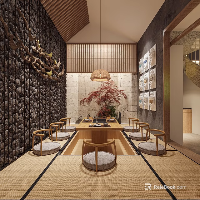 Traditional Japanese Restaurant Interior with Tatami Seating Stone Wall Hanging Lamp And Decorative Paintings 3d model 
