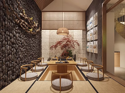 Traditional Japanese Restaurant Interior with Tatami Seating Stone Wall Hanging Lamp And Decorative Paintings 3d model