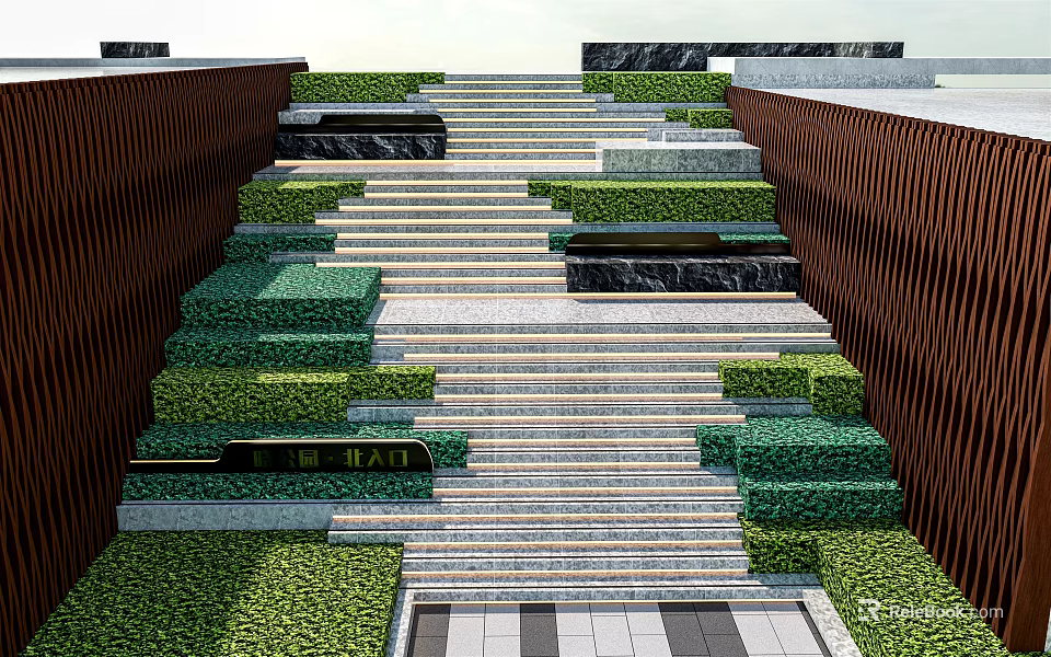 Outdoor Staircase With Gray Steps Brown Side Walls And Lush Green Landscaping 3d model 