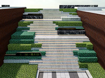 Outdoor Staircase With Gray Steps Brown Side Walls And Lush Green Landscaping 3d model
