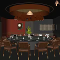 Elegant Restaurant Interior With Round Dining Table Chairs Tableware Orange Chandelier And Green Plant
