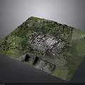 Ancient Ruin Structure On Green Grass With Square Foundation And Scattered Stones
