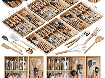 Organized Kitchen Cutlery Set with Wooden Drawer Storage and Various Cooking Utensils 3d model