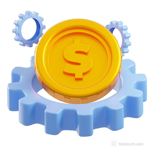 Stylish Decorative Ornament Set With Gold Dollar Coin And Blue Gears 3d model 