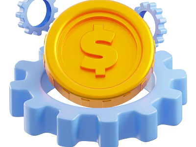 Stylish Decorative Ornament Set With Gold Dollar Coin And Blue Gears 3d model