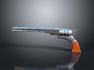 Silver Revolver With Long Barrel Orange Grip And Reflection On Dark Surface 3d model