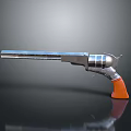 Silver Revolver With Long Barrel Orange Grip And Reflection On Dark Surface