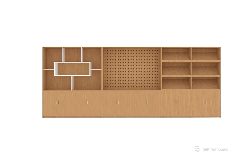 Wooden Bookcase With Multiple Shelves Grid Design And Bottom Cabinets 3d model 