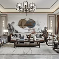 Modern Chinese Dining and Living Room Interior Design With Wooden Furniture And Decorative Paintings