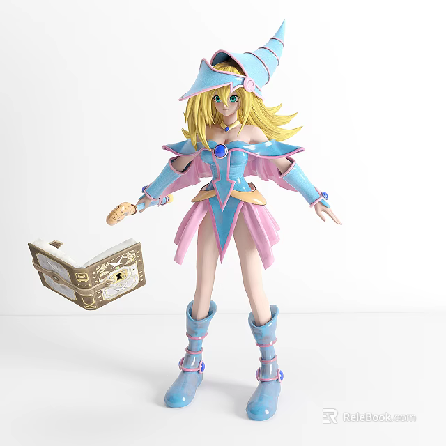 Magical Wizard Girl Character With Golden Hair Blue Pink Outfit Gemstone Blue Boots And Box 3d model 