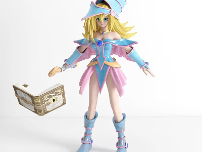 Magical Wizard Girl Character With Golden Hair Blue Pink Outfit Gemstone Blue Boots And Box 3d model