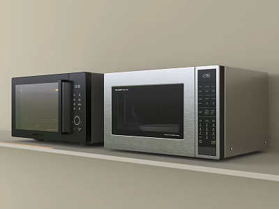 Two Modern Black and Silver Microwave Ovens Placed on White Shelf 3d model