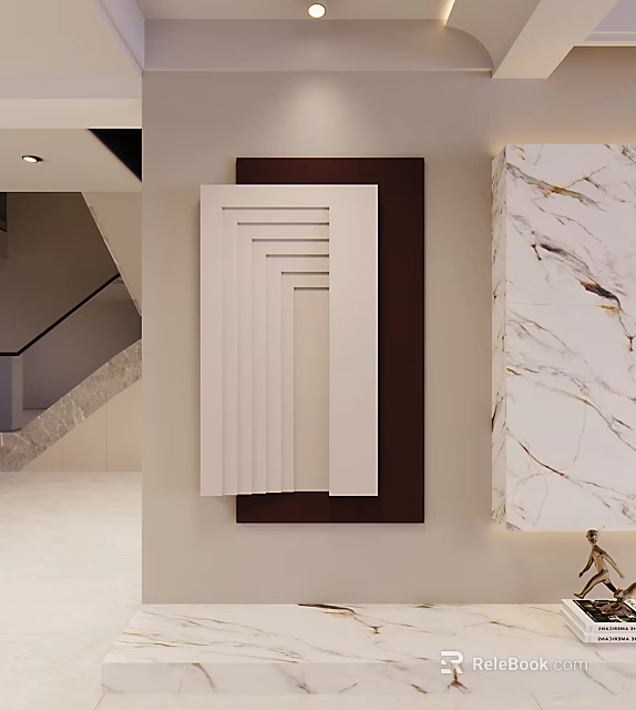 Modern Interior Wall Decor With White Geometric Panels Dark Base And Marble Accents 3d model 