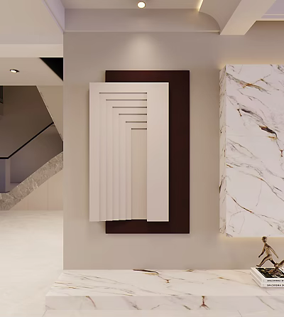 Modern Interior Wall Decor With White Geometric Panels Dark Base And Marble Accents 3d model