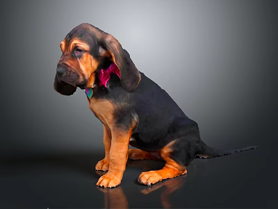 Adorable Basset Hound Puppy With Long Ears Brown Black Fur And Pink Collar Sitting 3d model