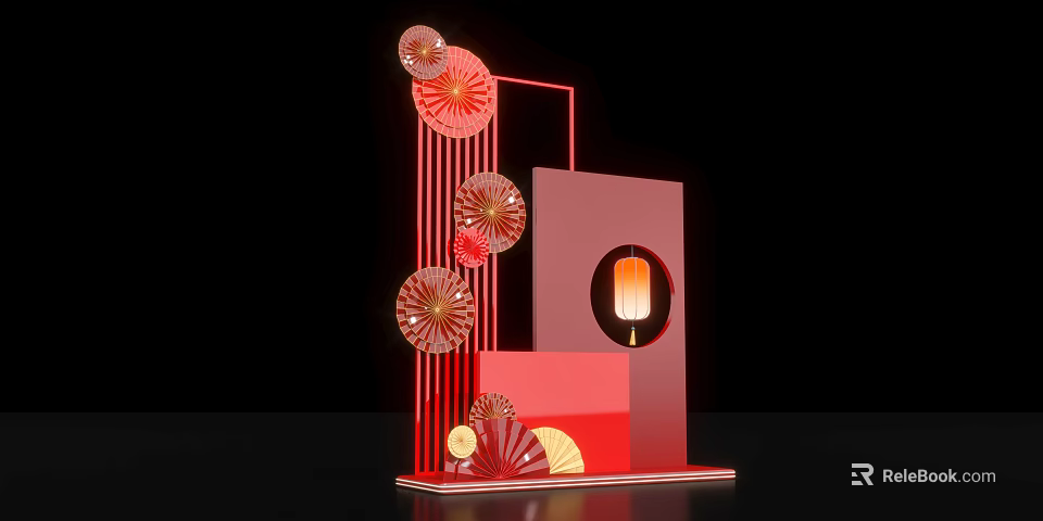 Chinese Style Red Decorative Ornament With Fan Shapes Lantern And Geometric Frame 3d model