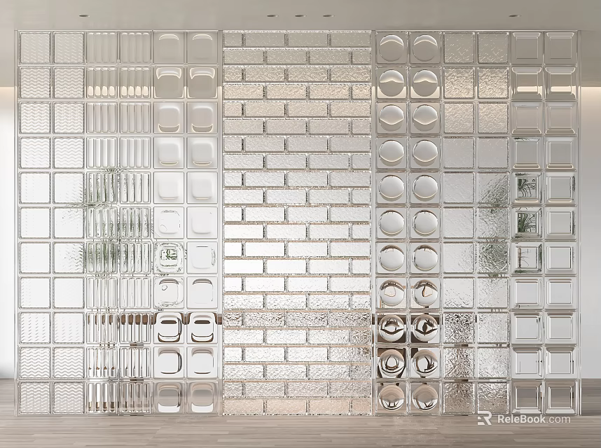 Modern Glass Wall Interior Design With Diverse Textured Panels 3d model 