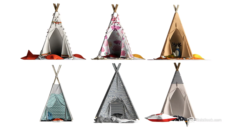 Colorful Teepee Tents with Various Patterns and Decorative Design Elements 3d model 