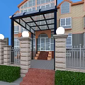 Glass Roof Canopy In Front of Building With Columns Steps and Greenery