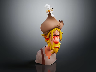 3D Game and Movie Character With Yellow Hair Beard Brown Hat White Chicken Sad Expression 3d model