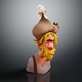 3D Game and Movie Character With Yellow Hair Beard Brown Hat White Chicken Sad Expression