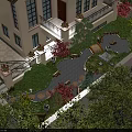 Tranquil Garden Landscape With Stone Path Wooden Bench Rockery Stones And Lush Greenery