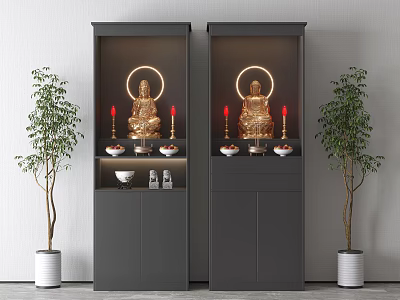 Black Symmetric Cabinets With Buddha Statues Golden Halos Red Candles And Green Plants 3d model