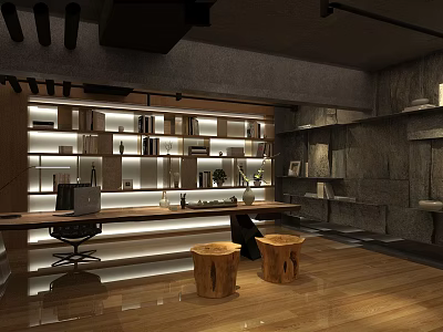 Modern Office Interior Design With Wooden Floors Shelves Workstation And Stools 3d model