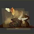 Red Rock Terrain 3D Model Scene Featuring Mechanical Flame Thrower Emitting Fire And Smoke