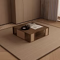 Modern Wooden Coffee Table With Woven Details Tray Cup And Books On Carpet