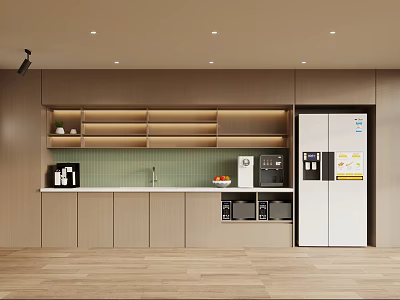 Modern Staff Pantry Interior With Wooden Cabinets Countertop Shelves Coffee Machine And Refrigerator 3d model