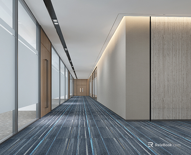 Modern Office Hallway With Long Corridor Glass Doors Wooden Panels And Blue Striped Carpet 3d model 