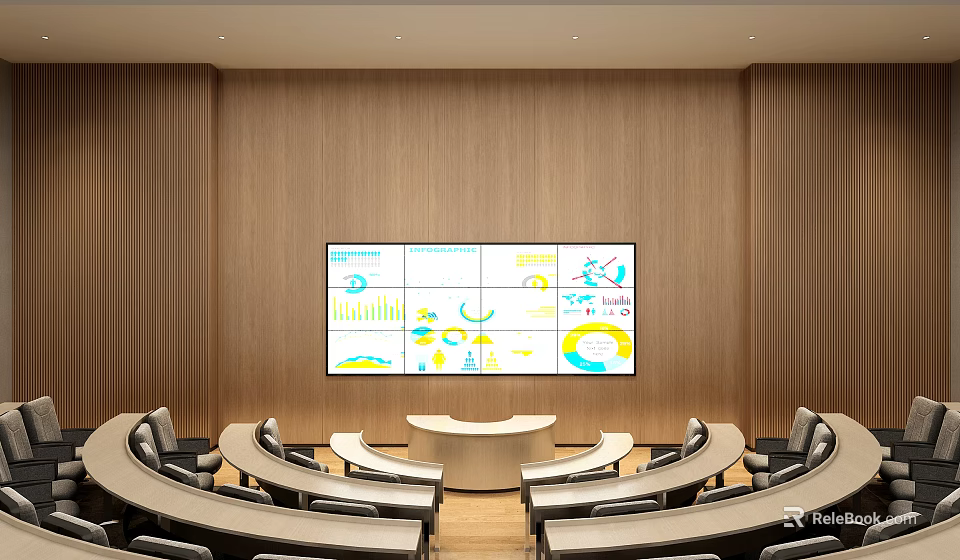 School Modern Conference Room With Digital Data Charts Circular Table And Curved Seating 3d model 