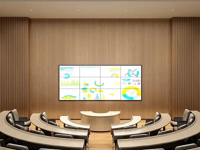 School Modern Conference Room With Digital Data Charts Circular Table And Curved Seating 3d model