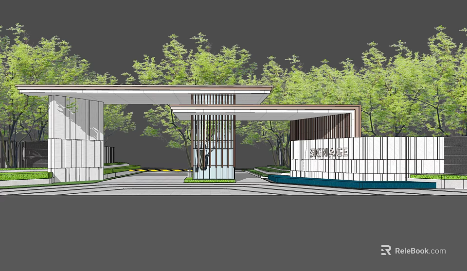 Modern Entrance Gate With Lattice Canopy And Green Trees Surrounding 3d model 