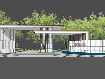 Modern Entrance Gate With Lattice Canopy And Green Trees Surrounding 3d model