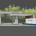 Modern Entrance Gate With Lattice Canopy And Green Trees Surrounding