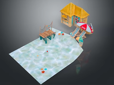 Colorful Beach Cabin With Wooden Bridge Chair Red White Umbrella On Sparkling Water With Starfish 3d model