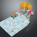 Colorful Beach Cabin With Wooden Bridge Chair Red White Umbrella On Sparkling Water With Starfish