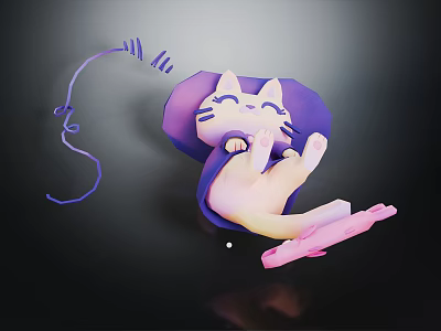 Purple And Pink Cartoon Cat Wearing Headphones Relaxed On Black Background With Purple Line Decorations 3d model
