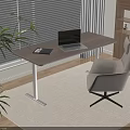Modern Wooden Desk With Laptop Notebook Comfortable Chair Green Plant Bookshelf And Window Blinds