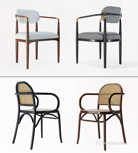 Stylish Dining Chairs Featuring Various Designs Wooden Frames Rattan Backrests And Checkered Upholstered Seats 3d model 