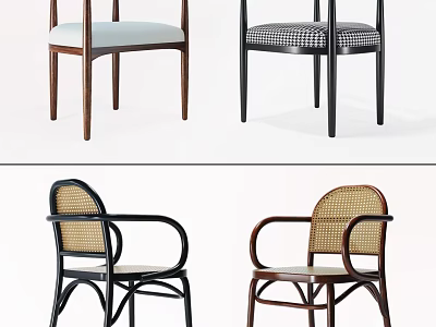 Stylish Dining Chairs Featuring Various Designs Wooden Frames Rattan Backrests And Checkered Upholstered Seats 3d model