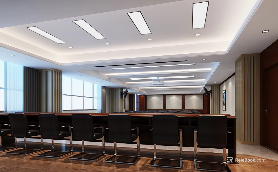 Modern Conference Room Interior Design With Long Table Black Chairs And Large Windows 3d model 