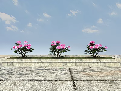 Three Pink Flower Plants on Stone Platform with Blue Sky and White Clouds 3d model