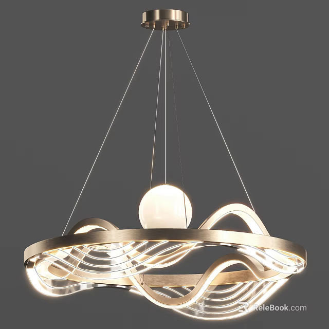 Modern Circular Chandelier With Curved Lines And Central Spherical Bulb 3d model 