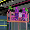 Urban Building Complex With Workers On Aerial Platform And Modern Glass Curtain Walls