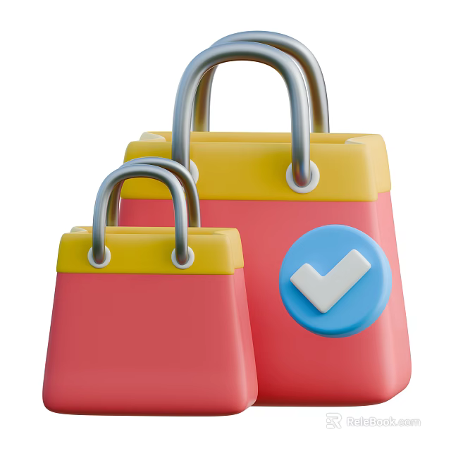 Decorative Ornament Set Two Handbag Shaped Pink and Yellow with Silver Handles Blue Checkmark Logo 3d model 